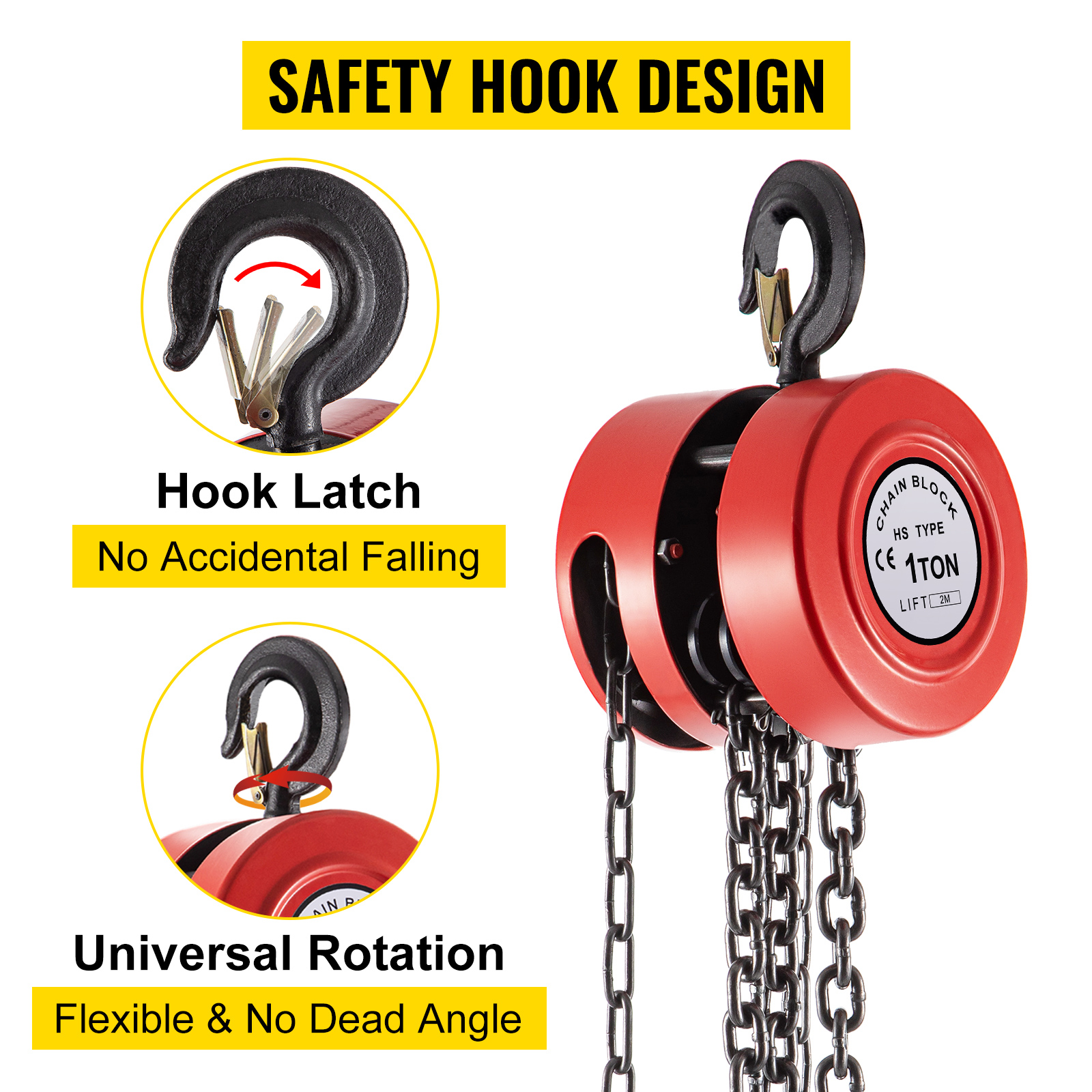 VEVOR hand chain hoist with safety hook design and flexible universal rotation.