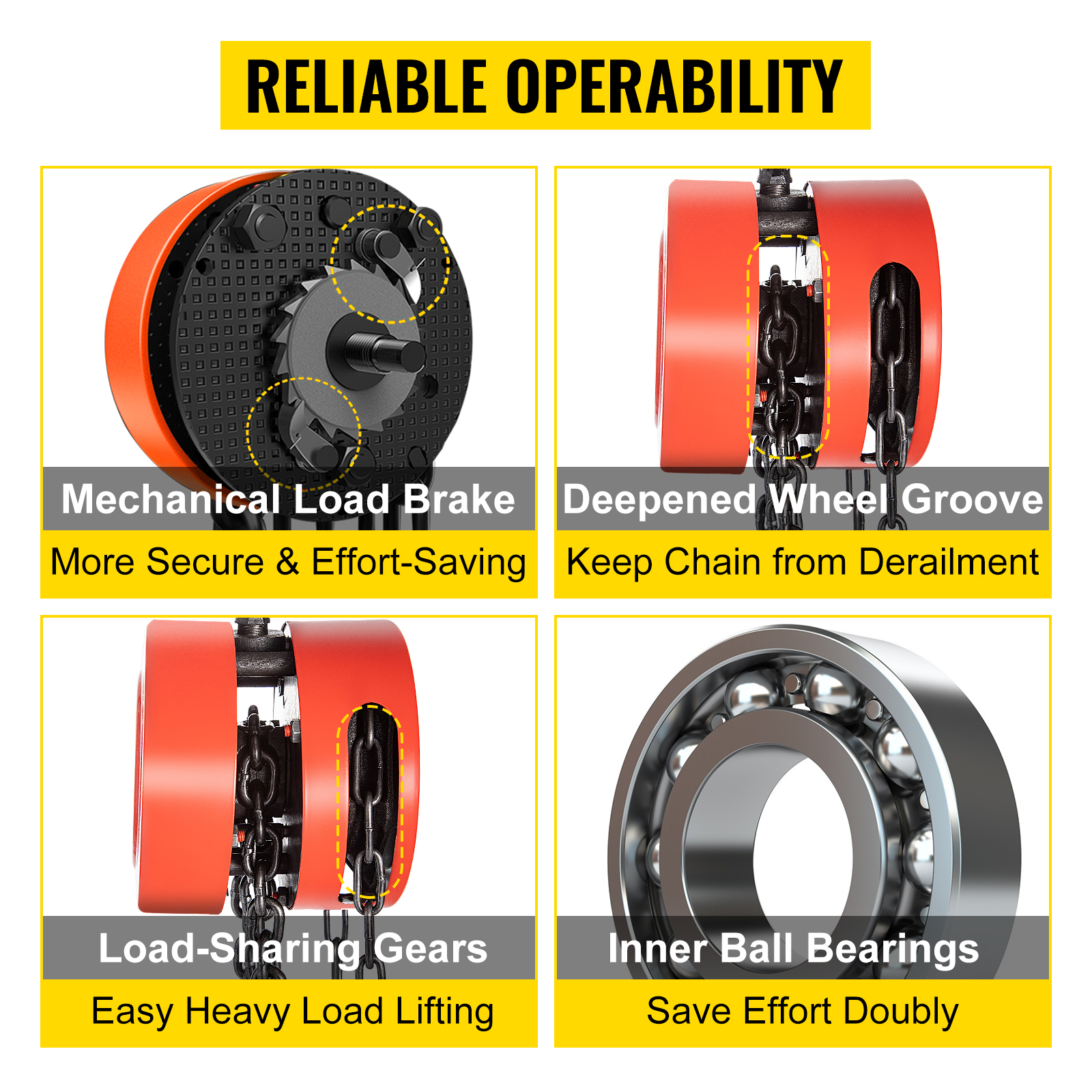 VEVOR hand chain hoist features mechanical load brake, deepened wheel groove, load-sharing gears