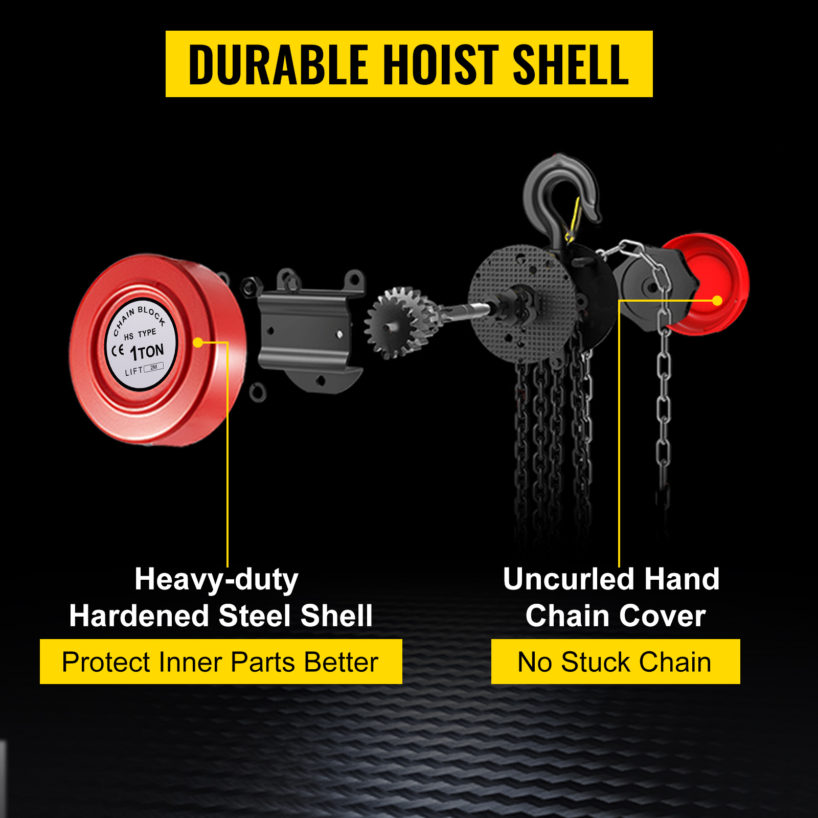 VEVOR hand chain hoist with hardened steel shell and uncurling hand chain cover.