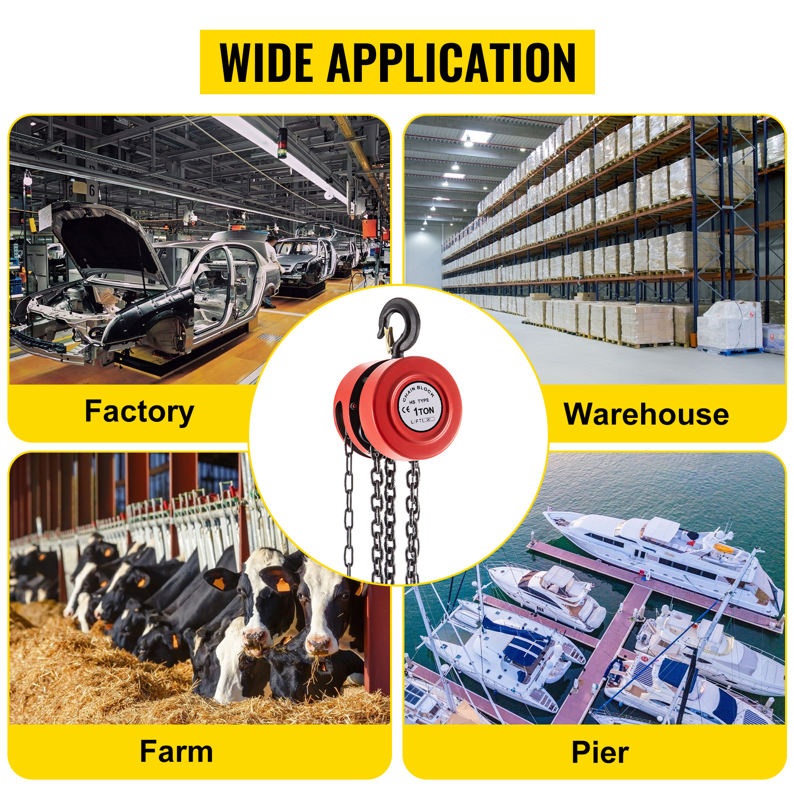 VEVOR hand chain hoist: versatile use in factory, warehouse, farm, and pier.