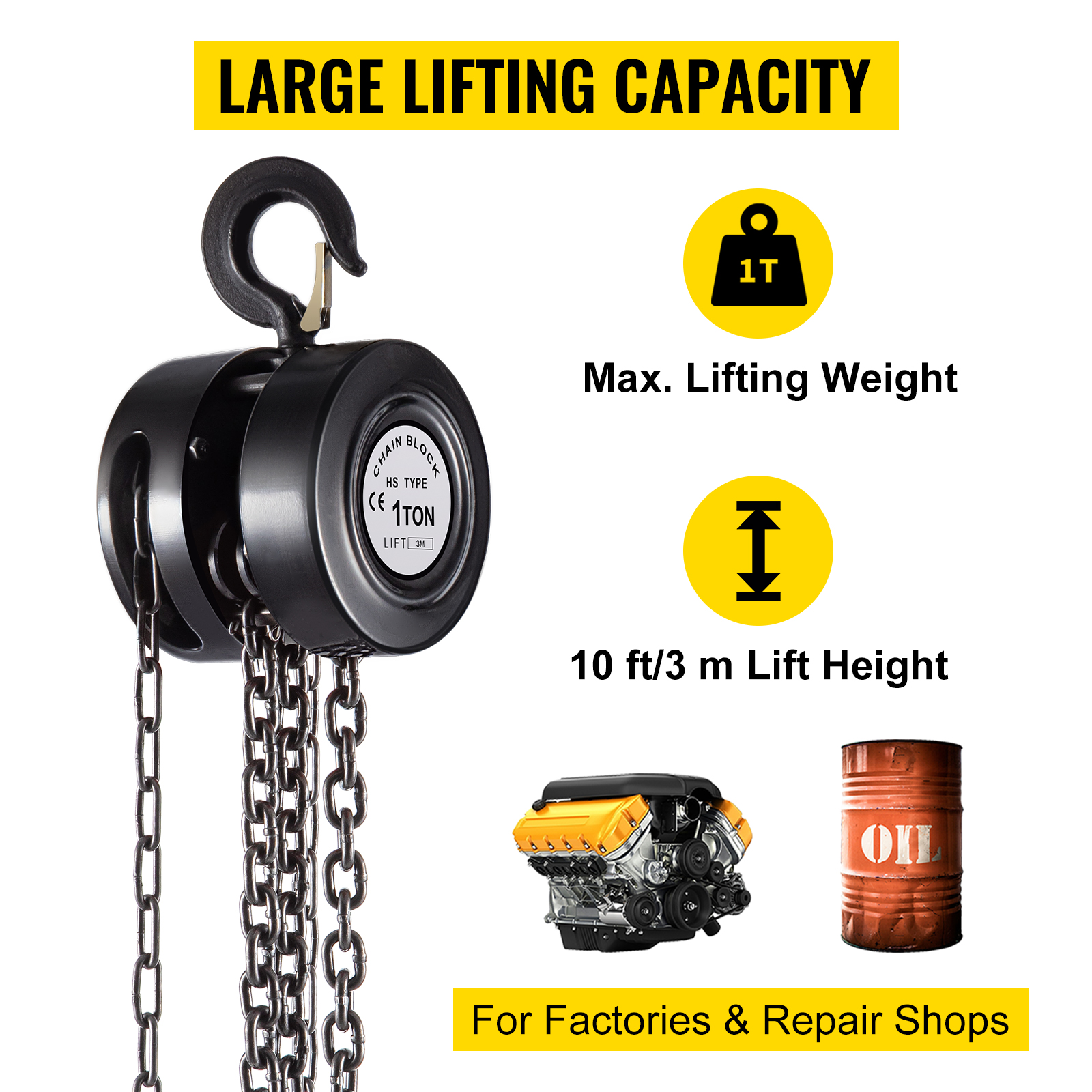 VEVOR hand chain hoist with 1-ton lifting capacity, 10 ft lift height for factories.