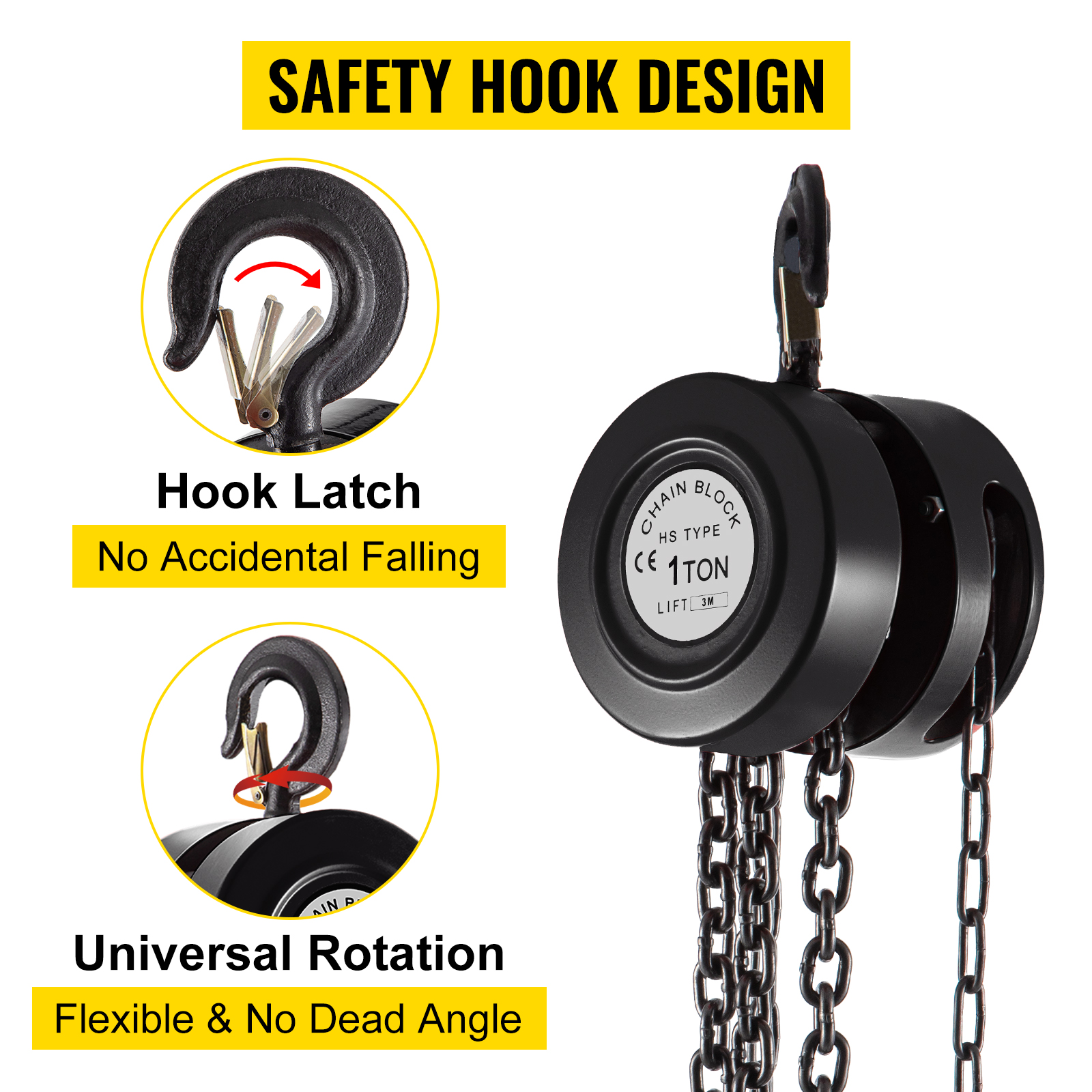VEVOR hand chain hoist with safety hook design, featuring hook latch and universal rotation.