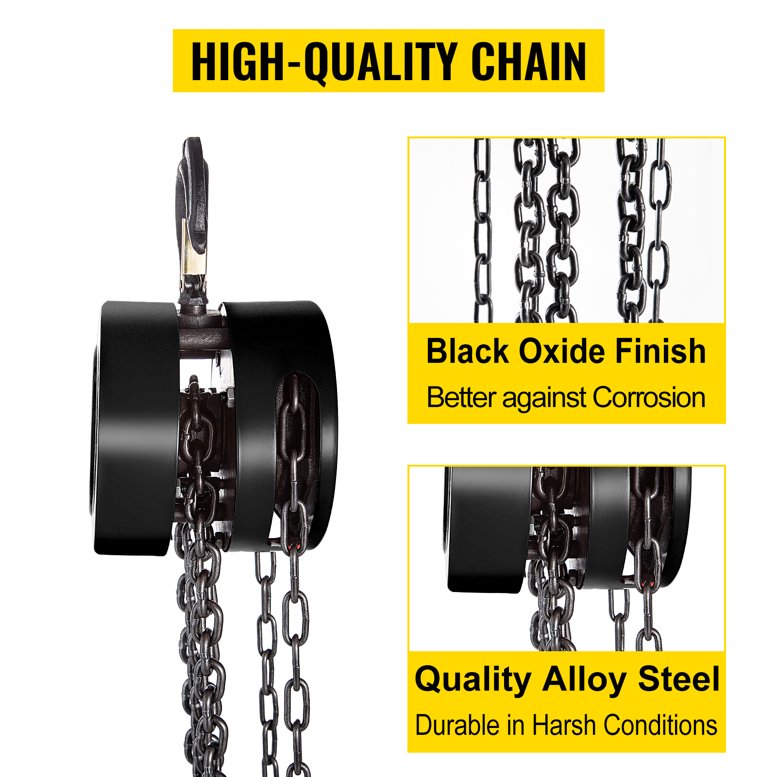 VEVOR hand chain hoist, high-quality alloy steel, black oxide finish, corrosion-resistant.