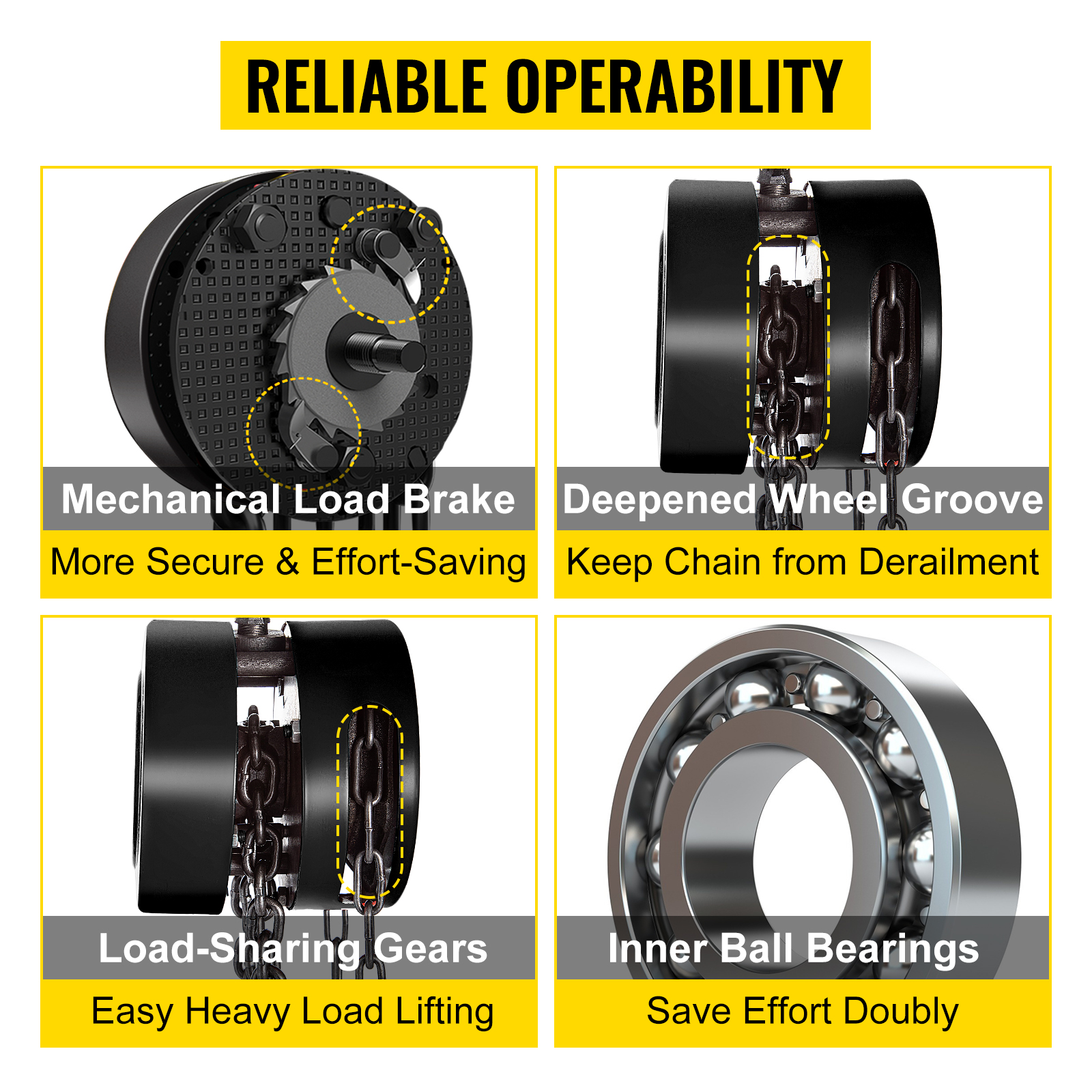 VEVOR hand chain hoist featuring mechanical load brake, deepened wheel groove, load-sharing gears, and inner ball bearings.