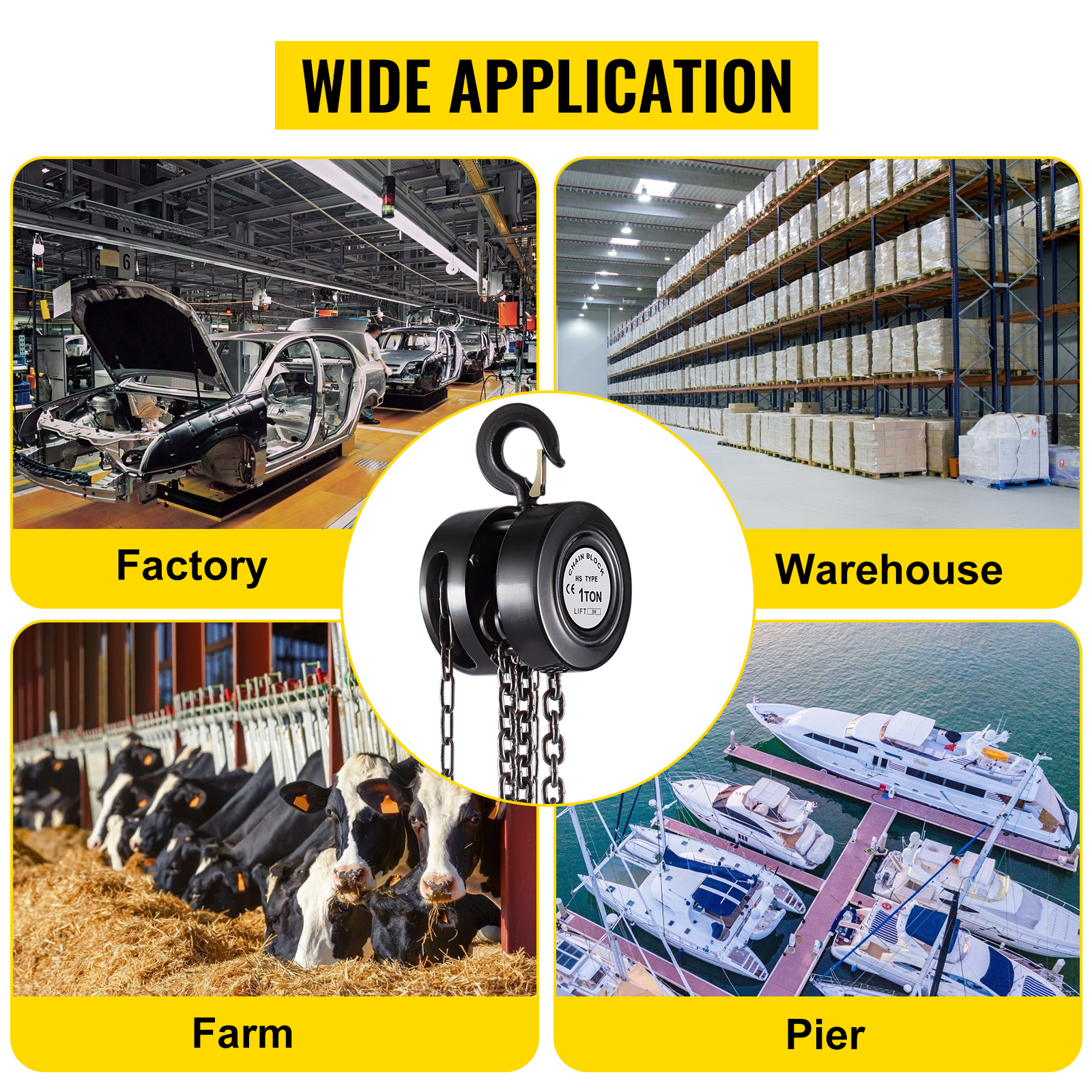 VEVOR hand chain hoist for factory, warehouse, farm, and pier applications.