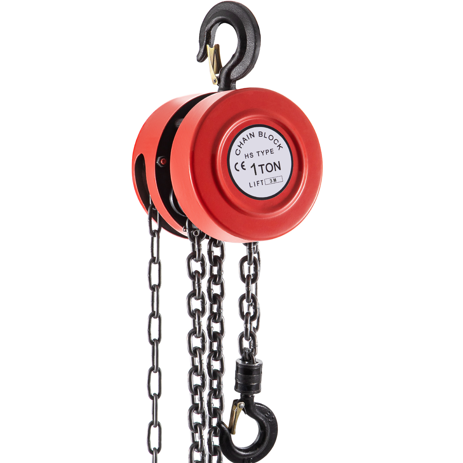 VEVOR hand chain hoist, red casing, 1-ton capacity with black hooks and chain