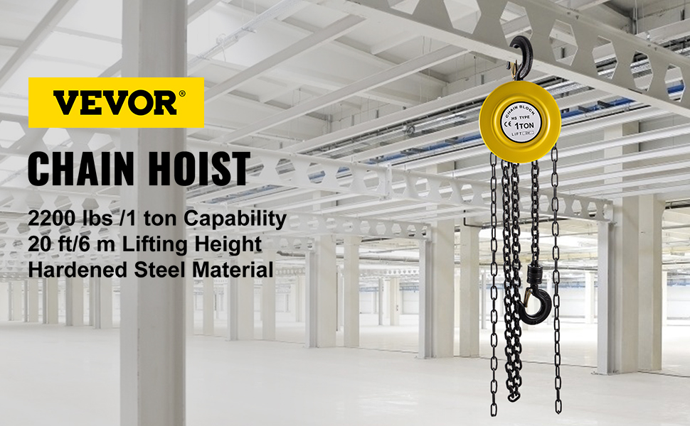 VEVOR hand chain hoist, 2200 lbs/1 ton, 20 ft, hardened steel in industrial setting