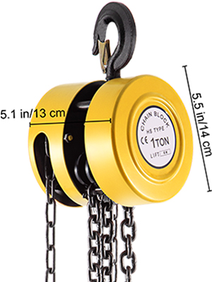 yellow VEVOR hand chain hoist with 1-ton capacity and black hook. measurement: 5.5 x 5.1 inches.