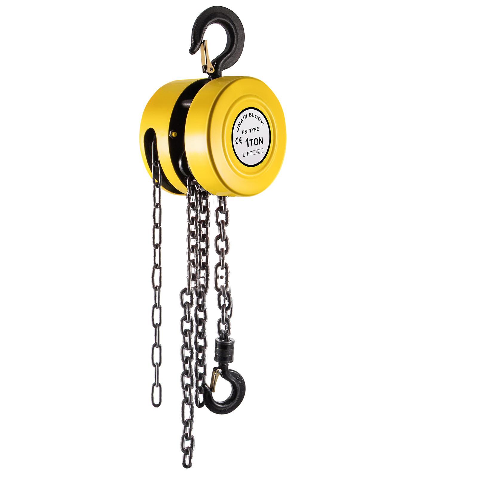 yellow and black VEVOR hand chain hoist with a 1 ton load capacity.