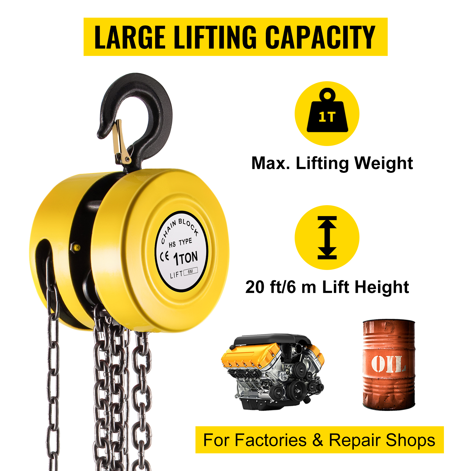 VEVOR hand chain hoist - 1 ton cap with 20 ft/6m lift height for heavy lifting.