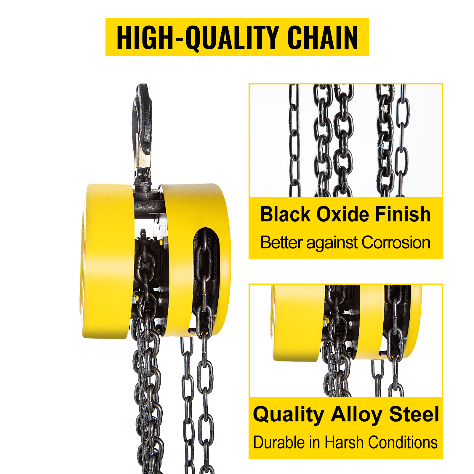 VEVOR hand chain hoist with high-quality alloy steel and black oxide finish for durability.