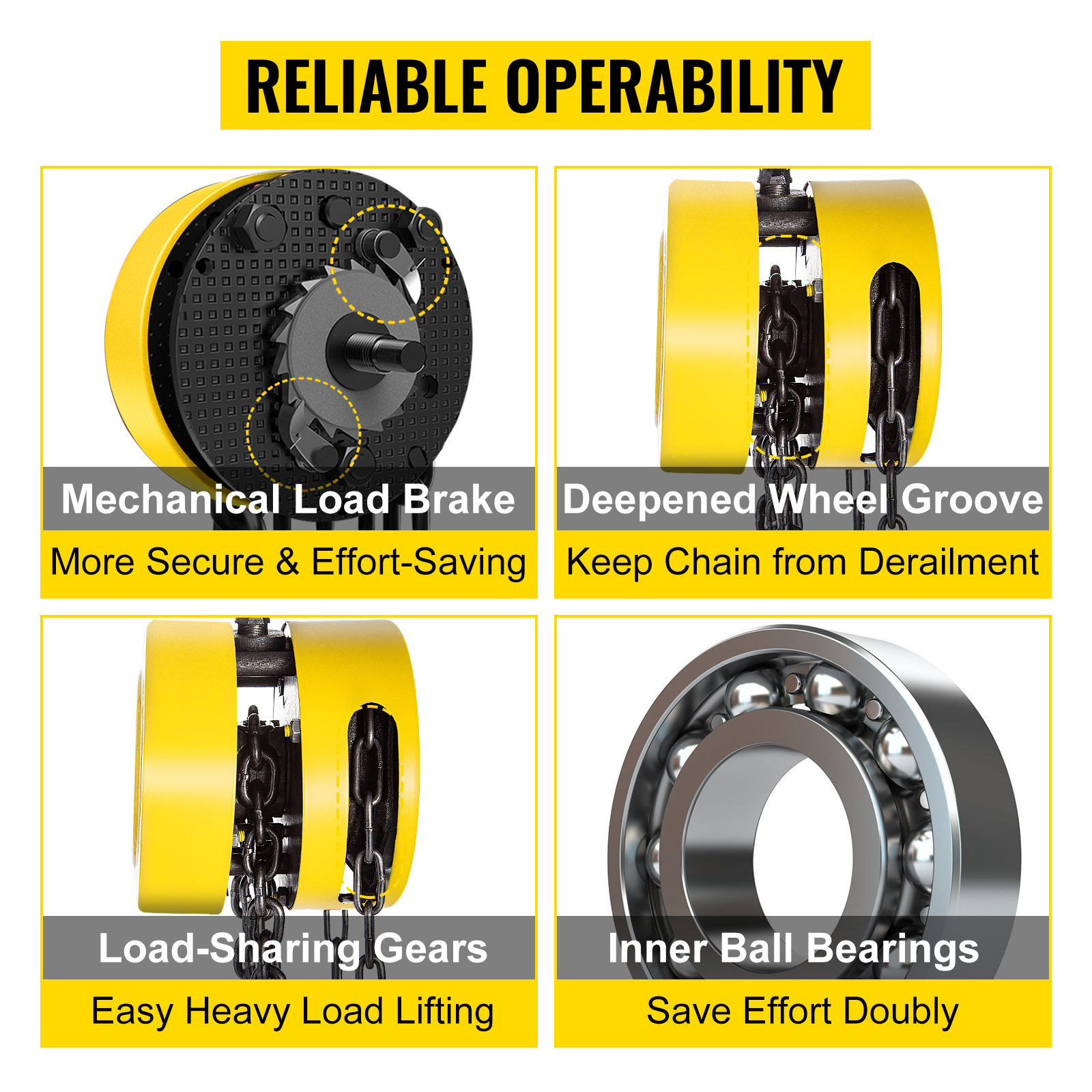 reliable operability with VEVOR hand chain hoist: load brake, wheel groove, gears, bearings.