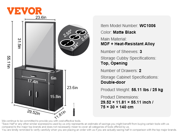 VEVOR salon organizer in matte black with mirror, shelves, drawers, and double-door cabinet.