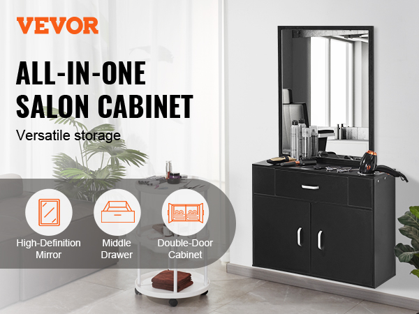 VEVOR salon organizer with mirror, middle drawer, double-door cabinet, versatile storage.