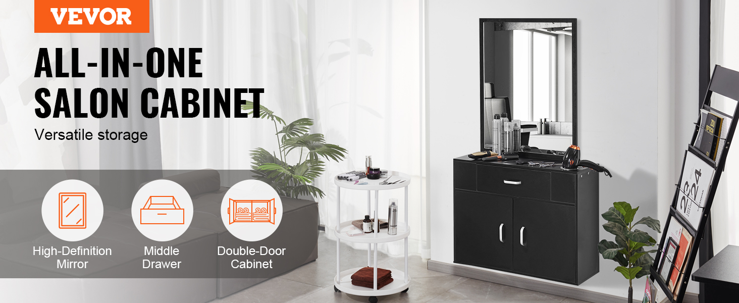 VEVOR salon organizer with mirror, middle drawer, double-door cabinet, versatile storage.