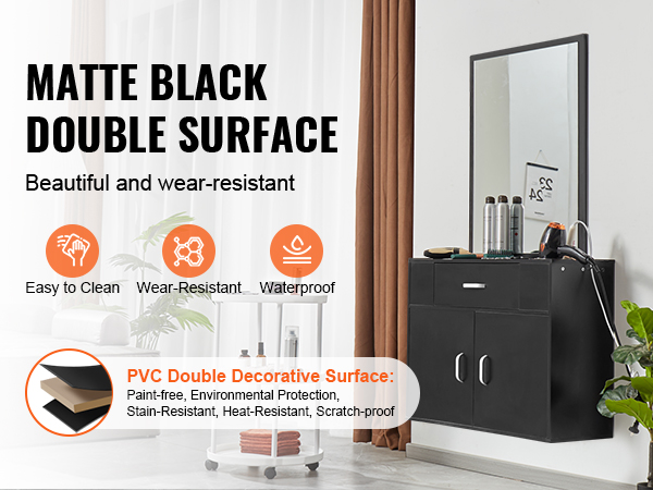 matte black VEVOR salon organizer with mirror in modern salon, showcasing its waterproof and easy-to-clean features.
