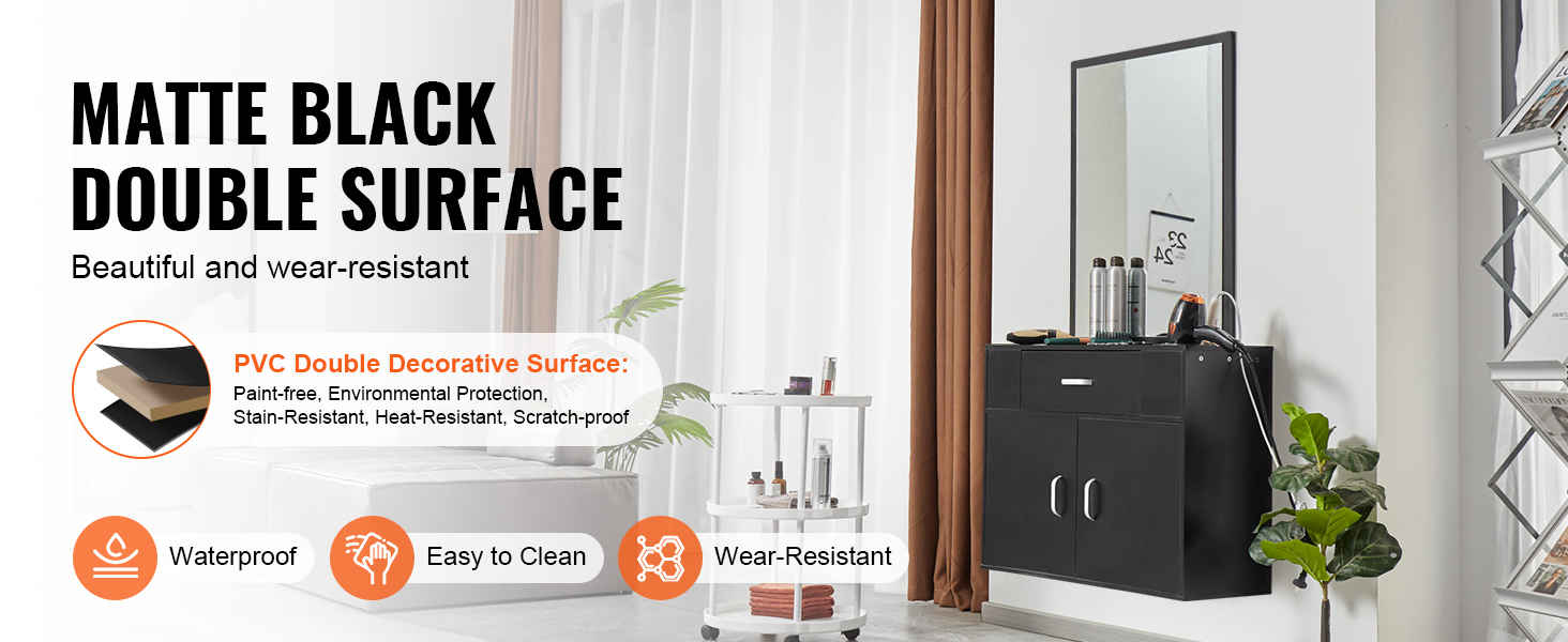 matte black VEVOR salon organizer with mirror in modern salon, showcasing its waterproof and easy-to-clean features.