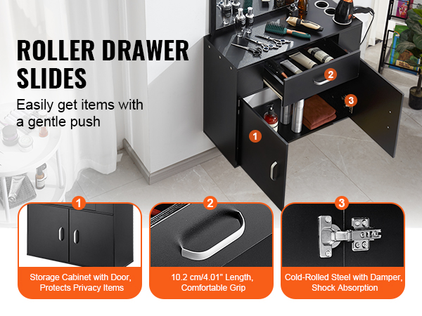 VEVOR salon organizer with roller drawer slides, storage cabinet, ergonomic handle, and steel hinges.