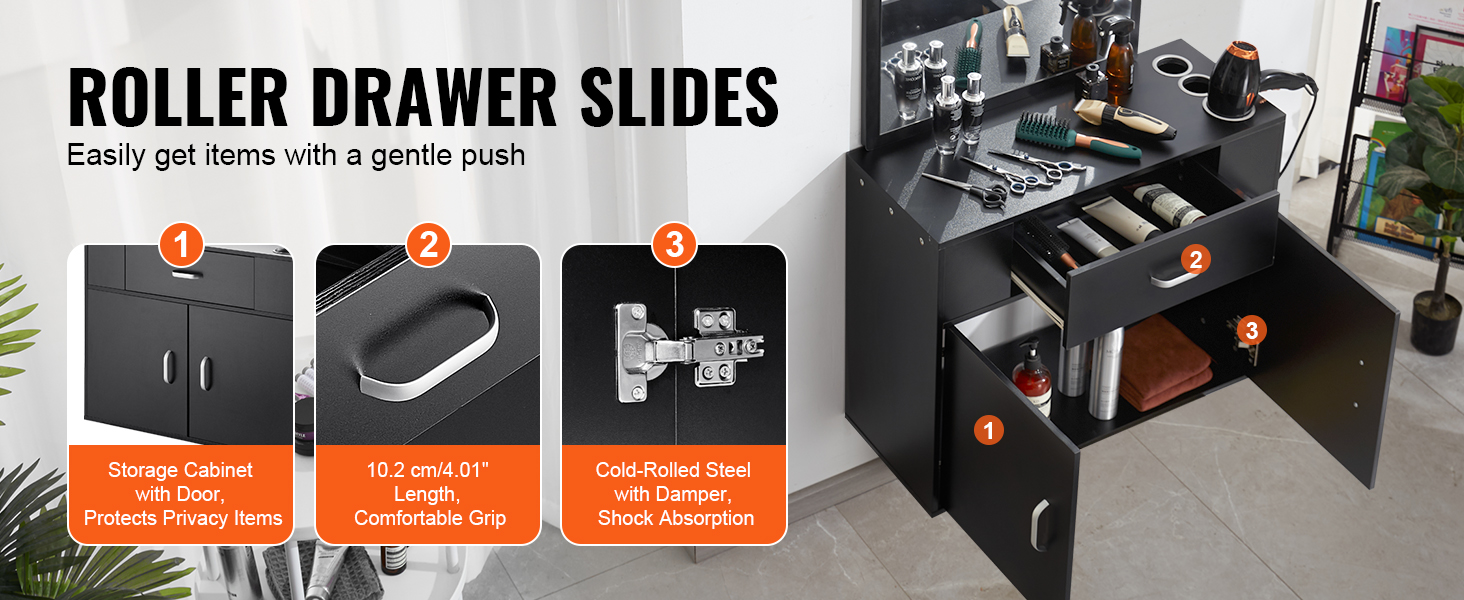 VEVOR salon organizer with roller drawer slides, storage cabinet, ergonomic handle, and steel hinges.