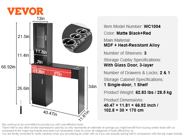 VEVOR salon workstation dimensions and features, matte black + red, glass door, 3 shelves, 2 locks.
