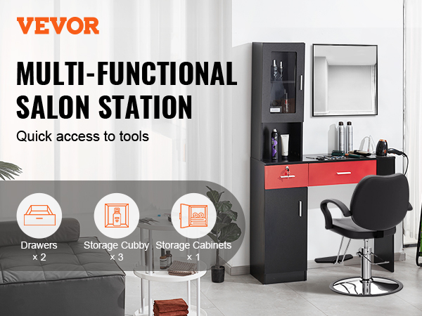 VEVOR salon workstation with drawers, storage cubbies, and cabinets, complemented by salon chair and decor.