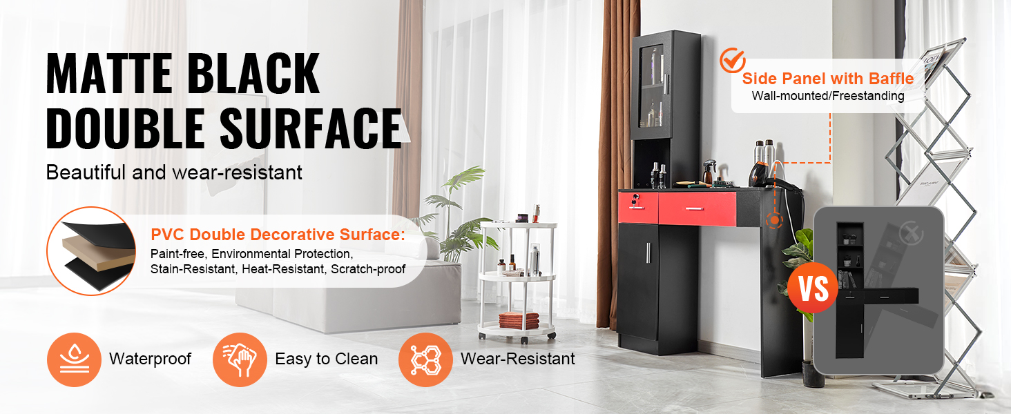 matte black VEVOR salon workstation with pvc double decorative surface, side panel, and baffle.