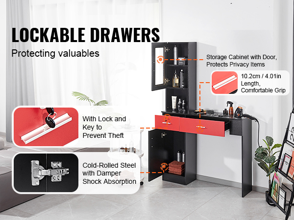 VEVOR salon workstation with lockable drawers, storage cabinet, and comfortable grip handles.