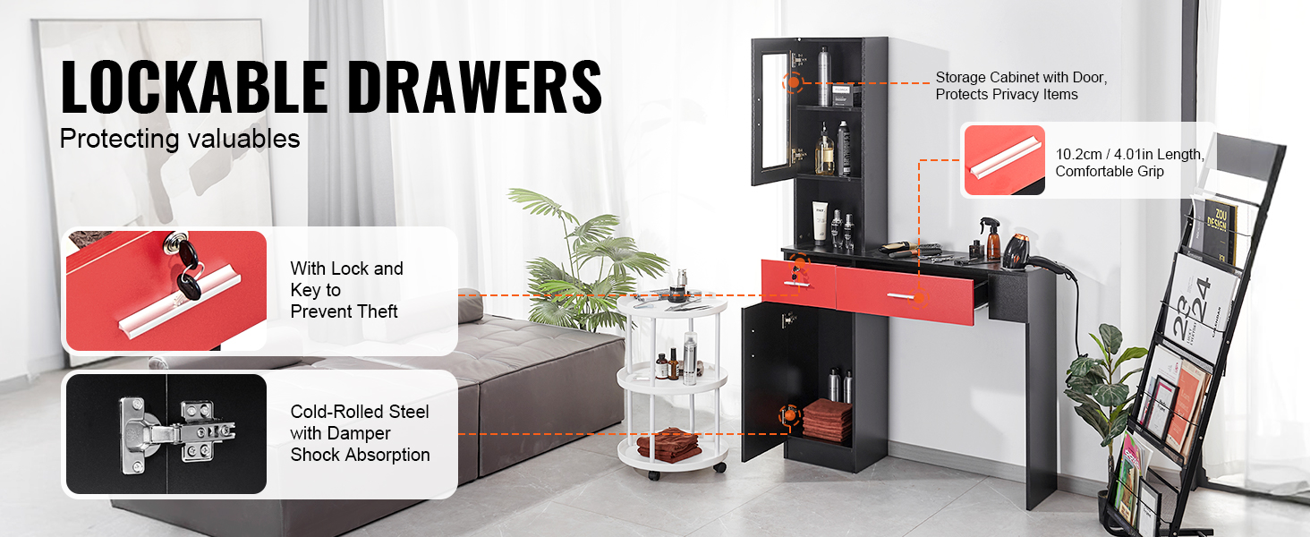 VEVOR salon workstation with lockable drawers, storage cabinet, and comfortable grip handles.