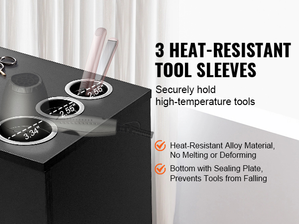 VEVOR salon workstation with 3 heat-resistant tool sleeves, ideal for securely holding hot tools.