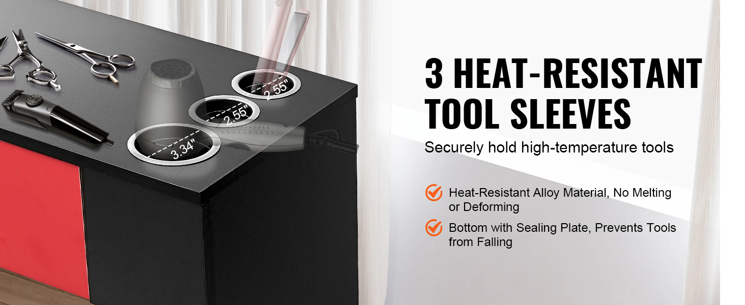 VEVOR salon workstation with 3 heat-resistant tool sleeves, ideal for securely holding hot tools.