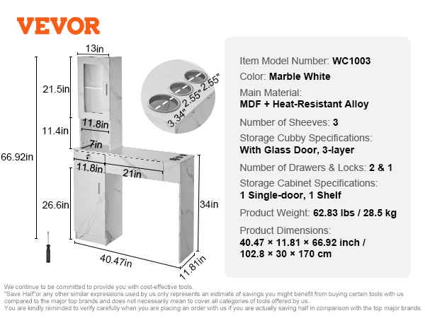 VEVOR salon workstation, marble white, mdf and alloy, 40.47 x 11.81 x 66.92 inches, with drawers and shelves.