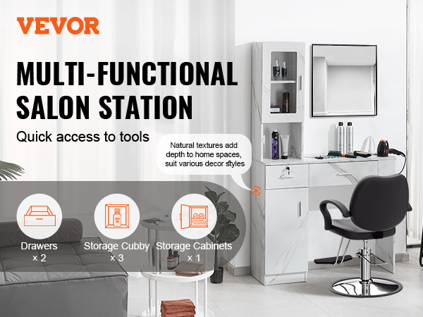 VEVOR salon workstation with drawers, storage cubbies, and cabinets in sleek, modern design.