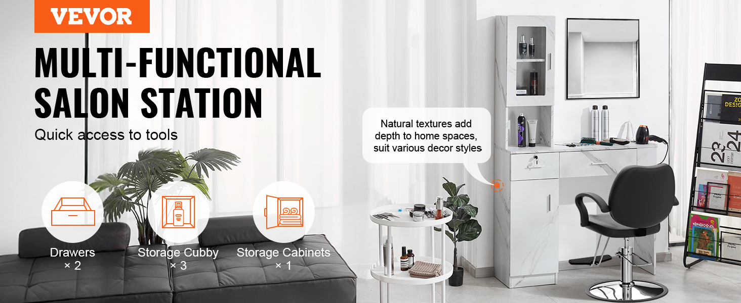 VEVOR salon workstation with drawers, storage cubbies, and cabinets in sleek, modern design.