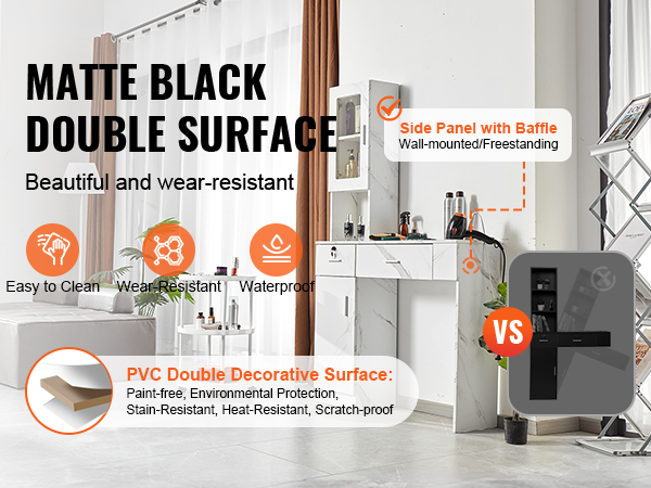 VEVOR salon workstation with matte black double surface, side panel with baffle, waterproof, easy to clean.