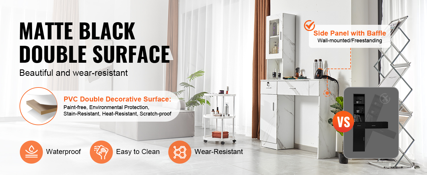 VEVOR salon workstation with matte black double surface, side panel with baffle, waterproof, easy to clean.