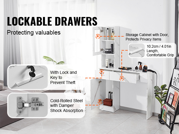 VEVOR salon workstation with lockable drawers, storage cabinet, and cold-rolled steel damper for safety.