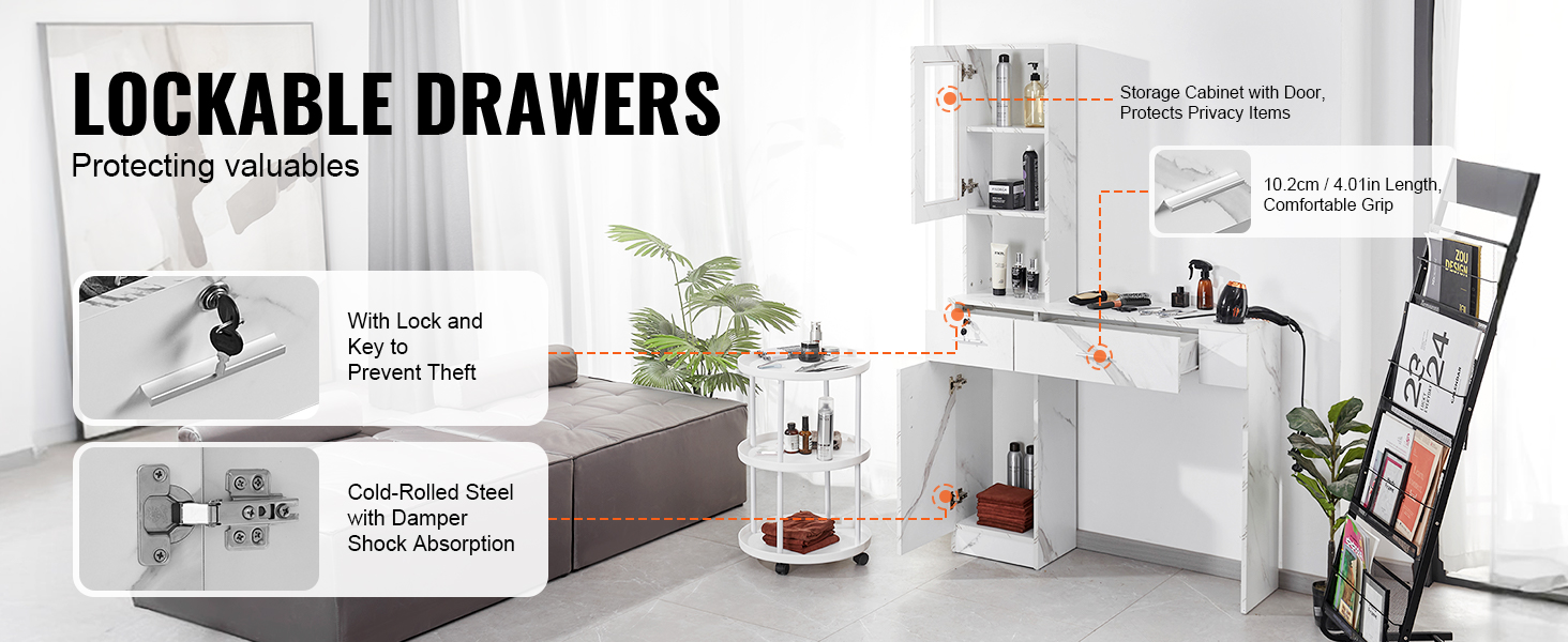 VEVOR salon workstation with lockable drawers, storage cabinet, and cold-rolled steel damper for safety.