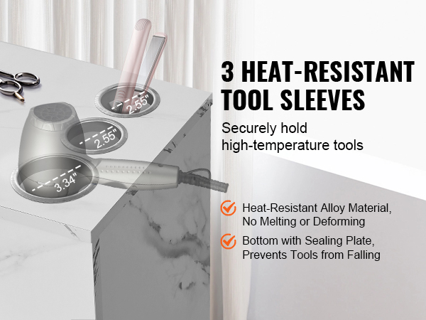 VEVOR salon workstation with 3 heat-resistant tool sleeves securely holding hair tools on marble counter.
