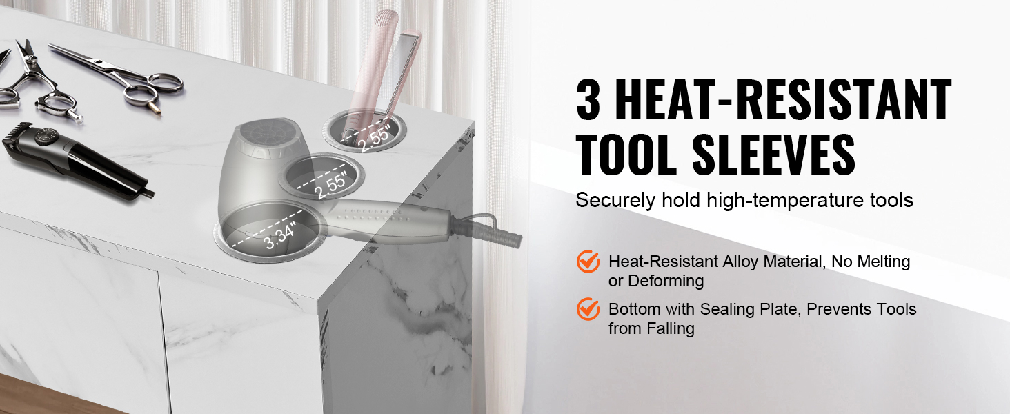 VEVOR salon workstation with 3 heat-resistant tool sleeves securely holding hair tools on marble counter.