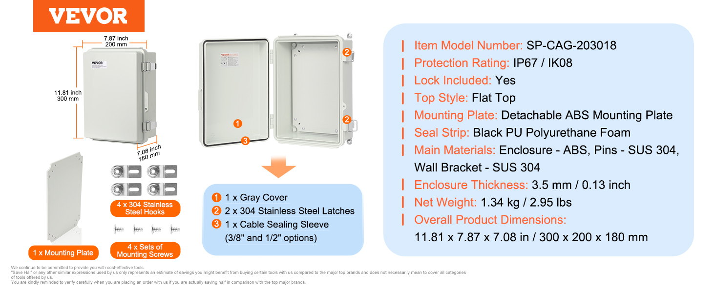 VEVOR outdoor electrical junction box, ip67/ik08, abs mounting plate, flat top, 11.81"x7.87"x7.08".