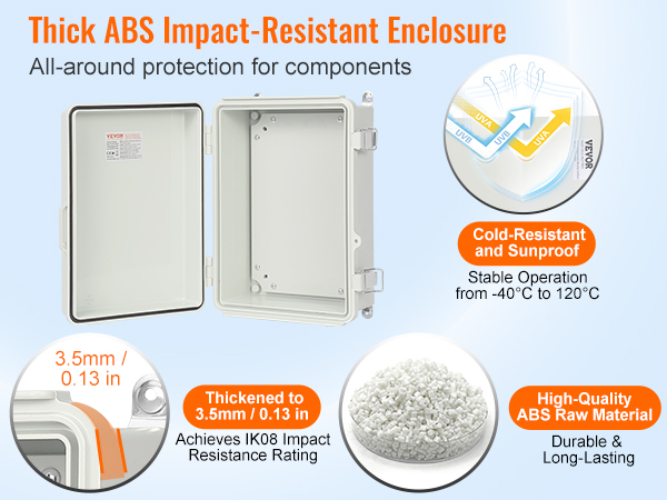 VEVOR outdoor electrical junction box with thick abs impact-resistant enclosure, cold-resistant and sunproof.