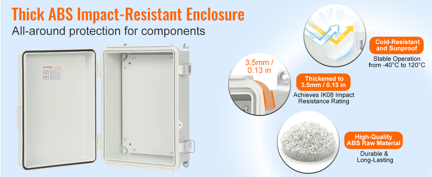 VEVOR outdoor electrical junction box with thick abs impact-resistant enclosure, cold-resistant and sunproof.