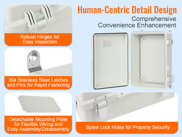 VEVOR electrical enclosure with robust hinges, stainless steel latches, and detachable plate.