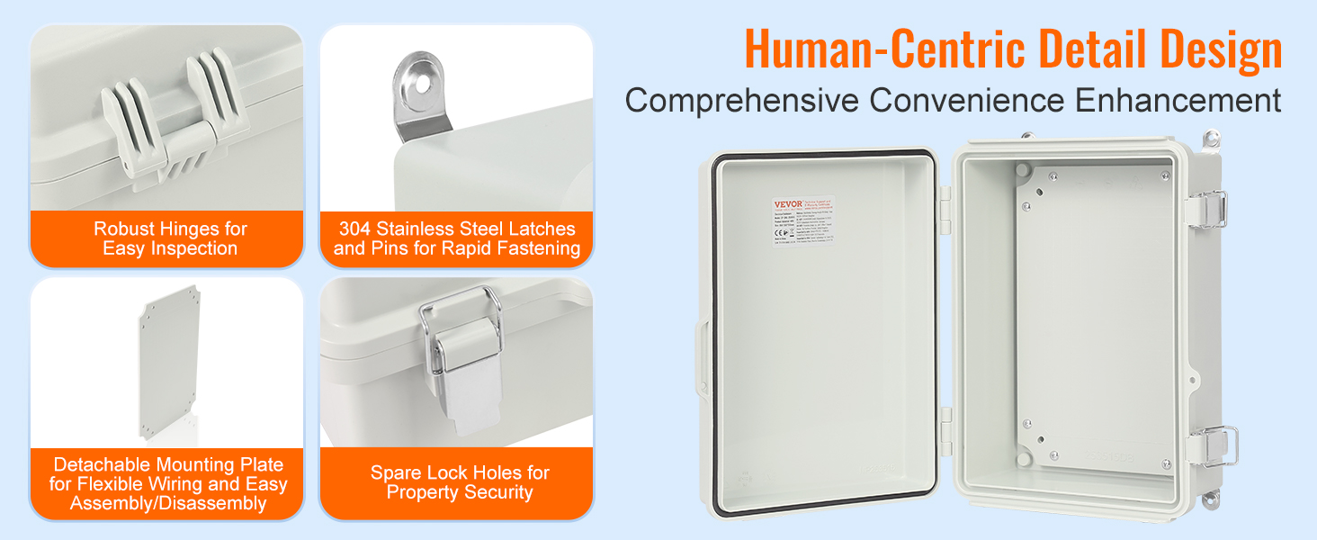 VEVOR electrical enclosure with robust hinges, stainless steel latches, and detachable plate.