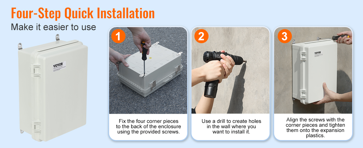 VEVOR outdoor electrical junction box installation steps: fixing, drilling holes, and mounting box.