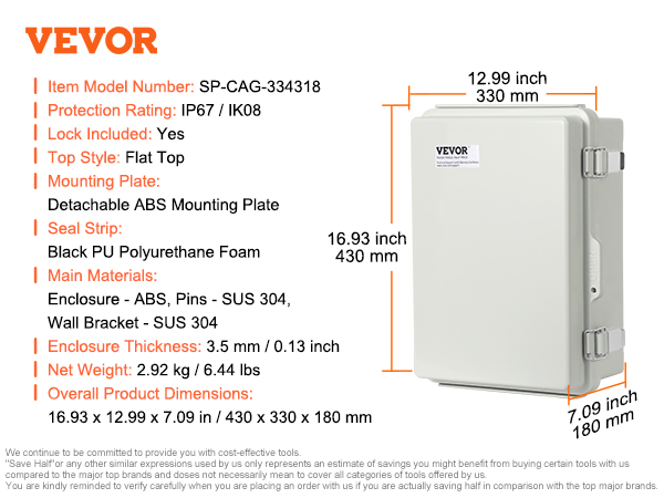 VEVOR electrical junction box, ip67/ik08, 16.93x12.99x7.09 in, abs, lock included, detachable mounting plate.