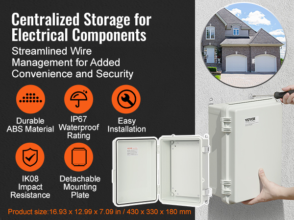 VEVOR electrical junction box with ip67 waterproof rating, durable abs material, easy installation.
