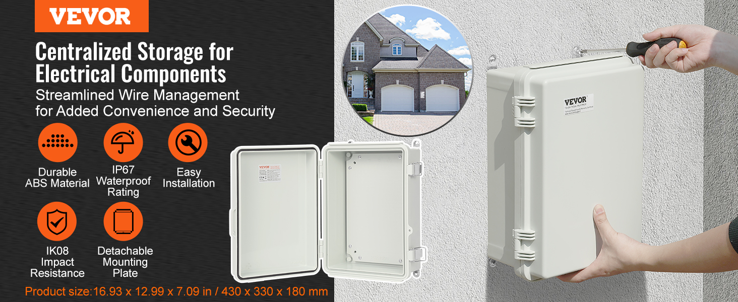 VEVOR electrical junction box with ip67 waterproof rating, durable abs material, easy installation.