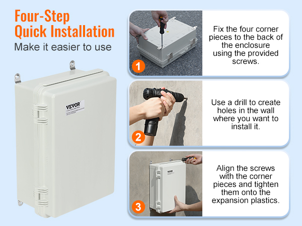 four-step quick installation guide for VEVOR electrical junction box with fixing, drilling, and aligning.