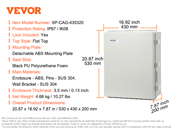 VEVOR electrical junction box with ip67/ik08 rating, detachable abs mounting plate, and stainless steel latches.